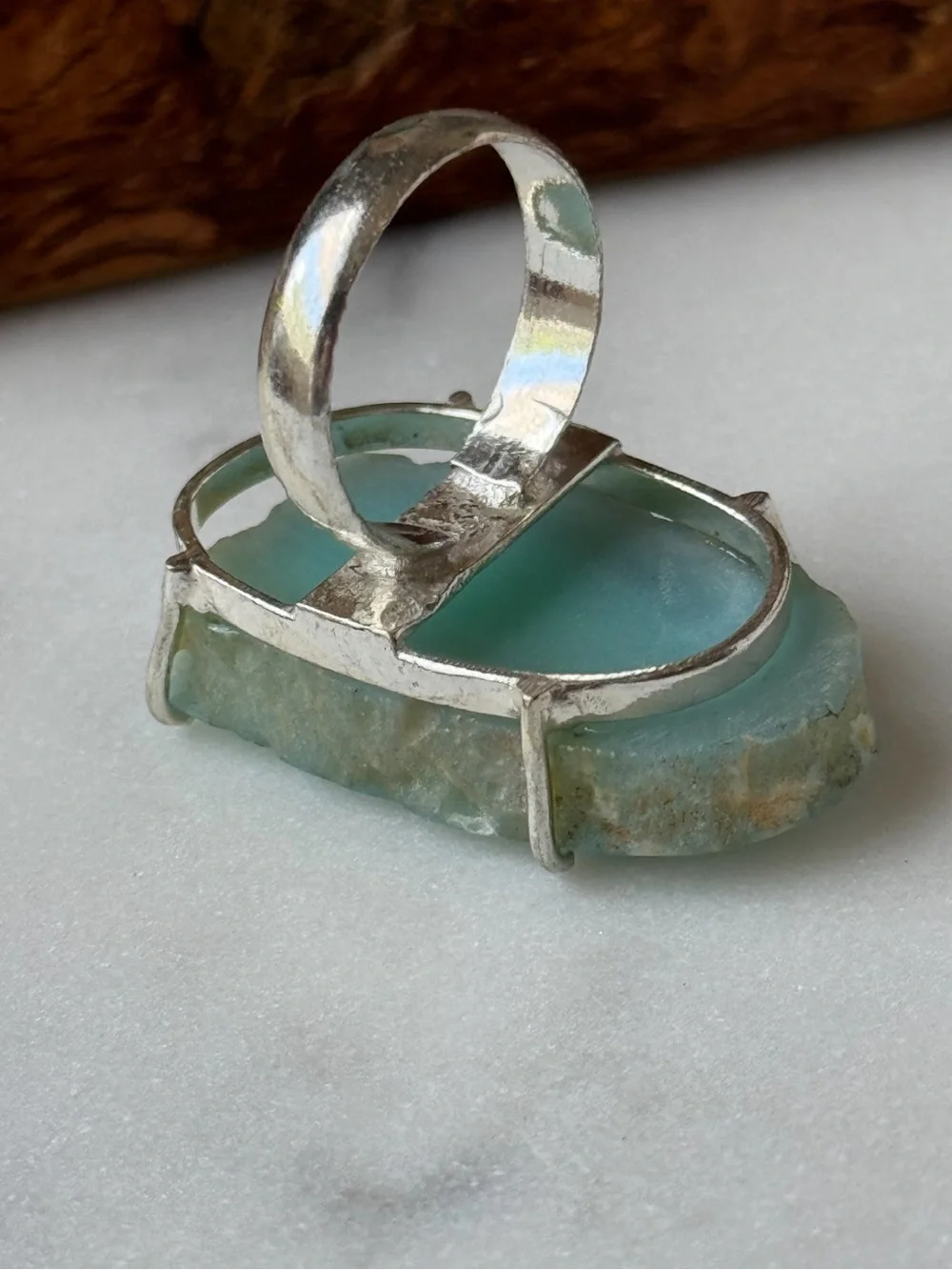 Silver Plated Blue Agate Slice Ring